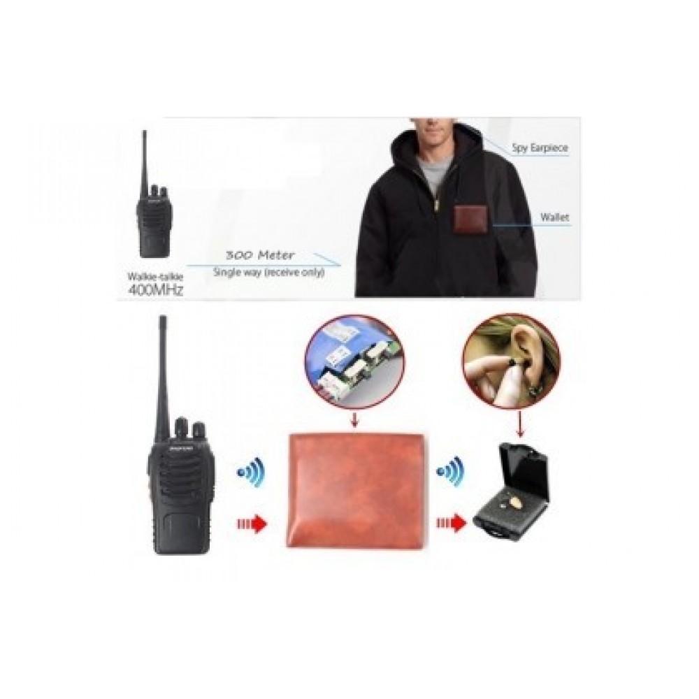 Walkie Talkie + Wallet + Micro Earbug Wireless Hidden In-Ear Audio Receiver Kit